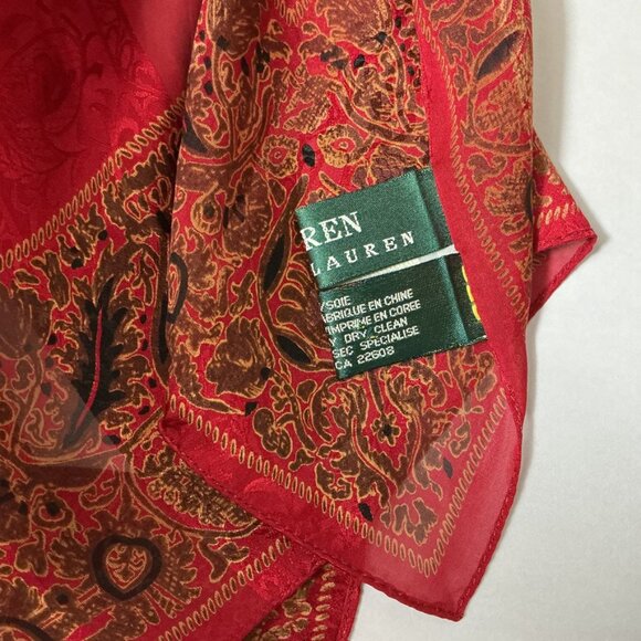 Lauren Ralph Lauren 100% Silk Red & Gold Floral Leaf Scarf Wrap - Picture 5 of 7
